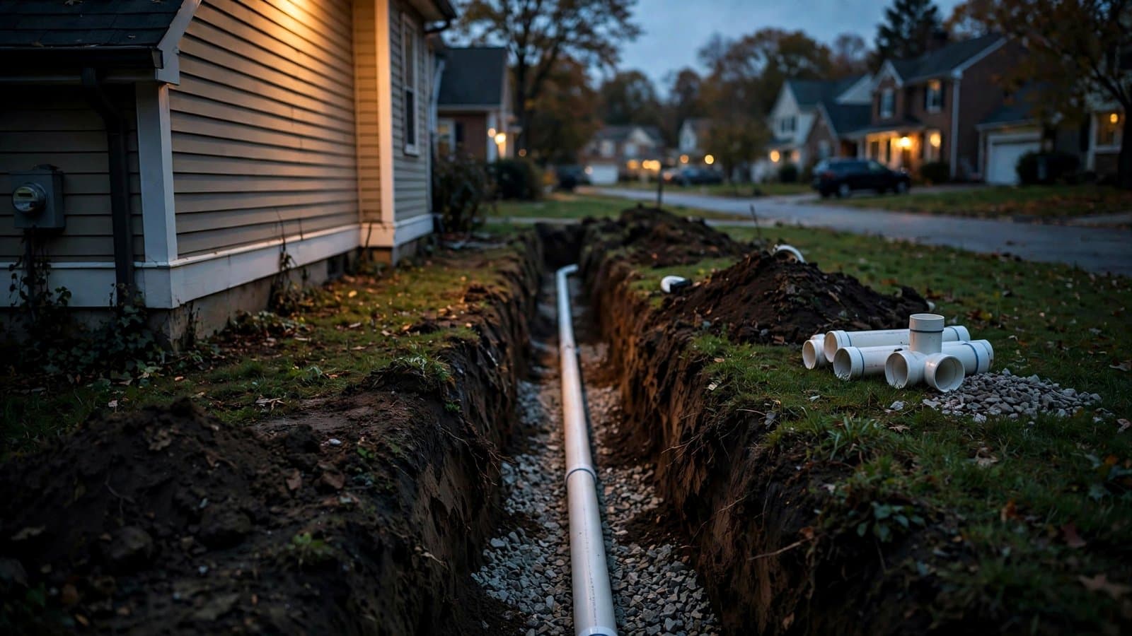 An open trench with a new sewer lateral on stone bedding — reference imagery