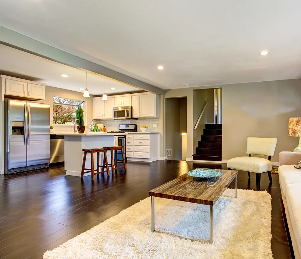 Open-concept living room and kitchen with dark wood floors and modern furniture